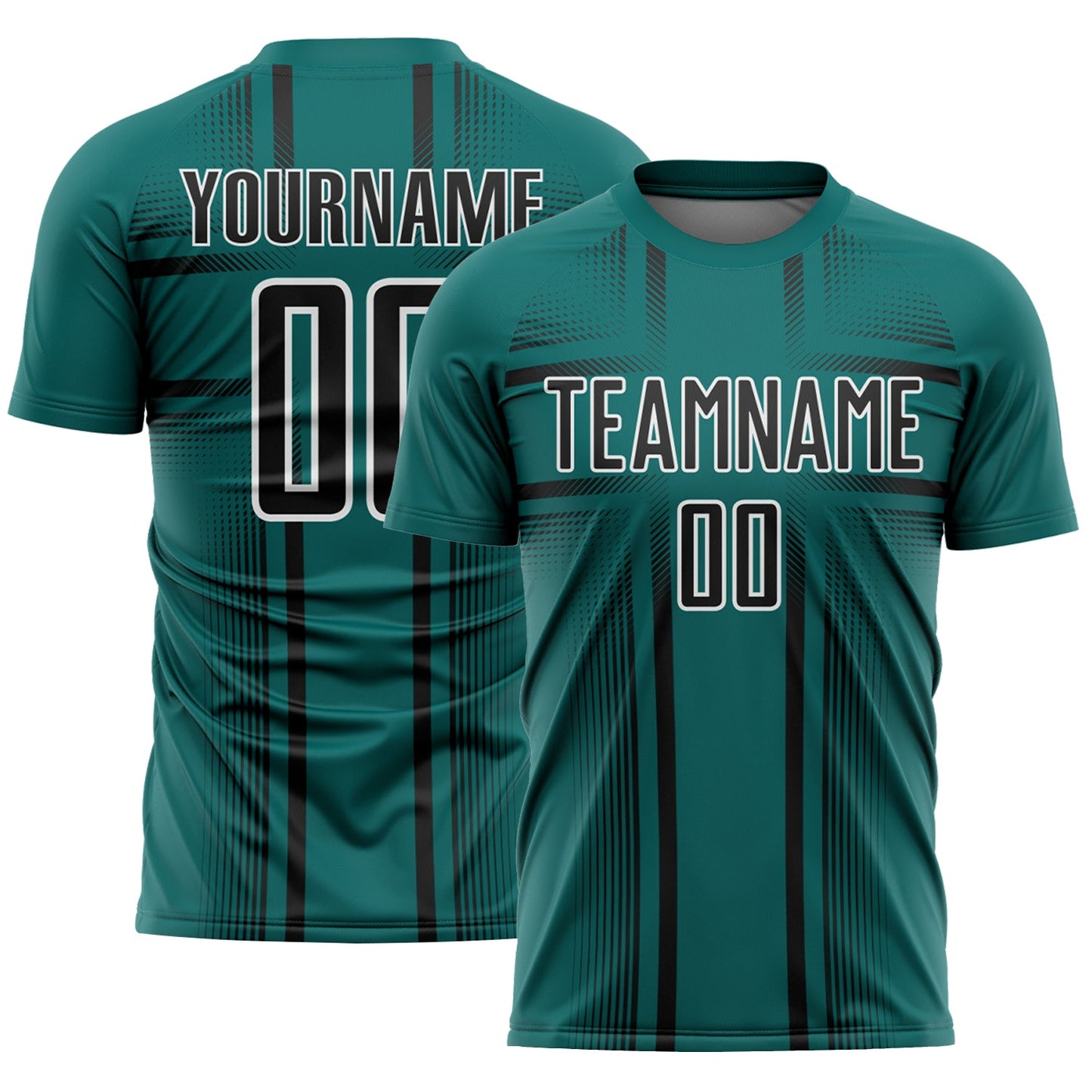 Custom Teal Black-White Lines Sublimation Soccer Uniform Jersey - Main View