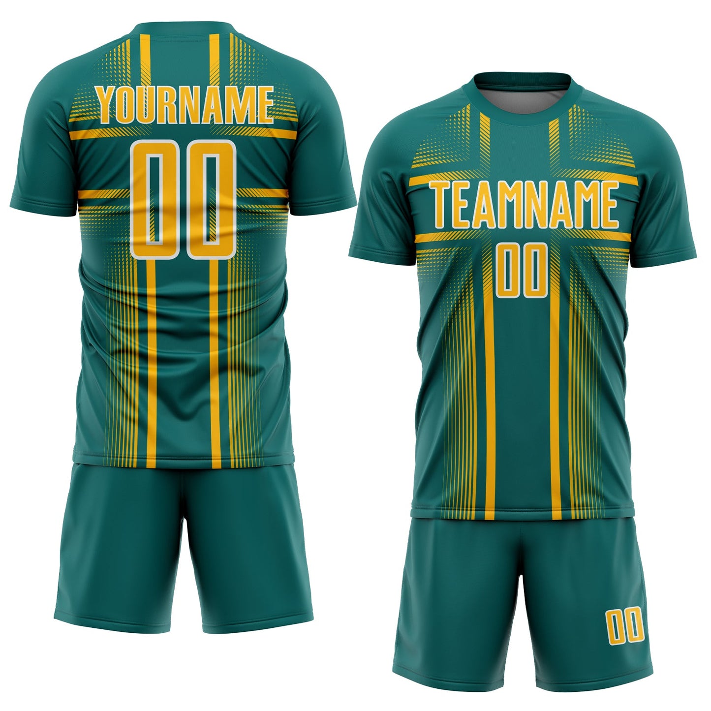 Custom Teal Gold-White Lines Sublimation Soccer Uniform Jersey view 2
