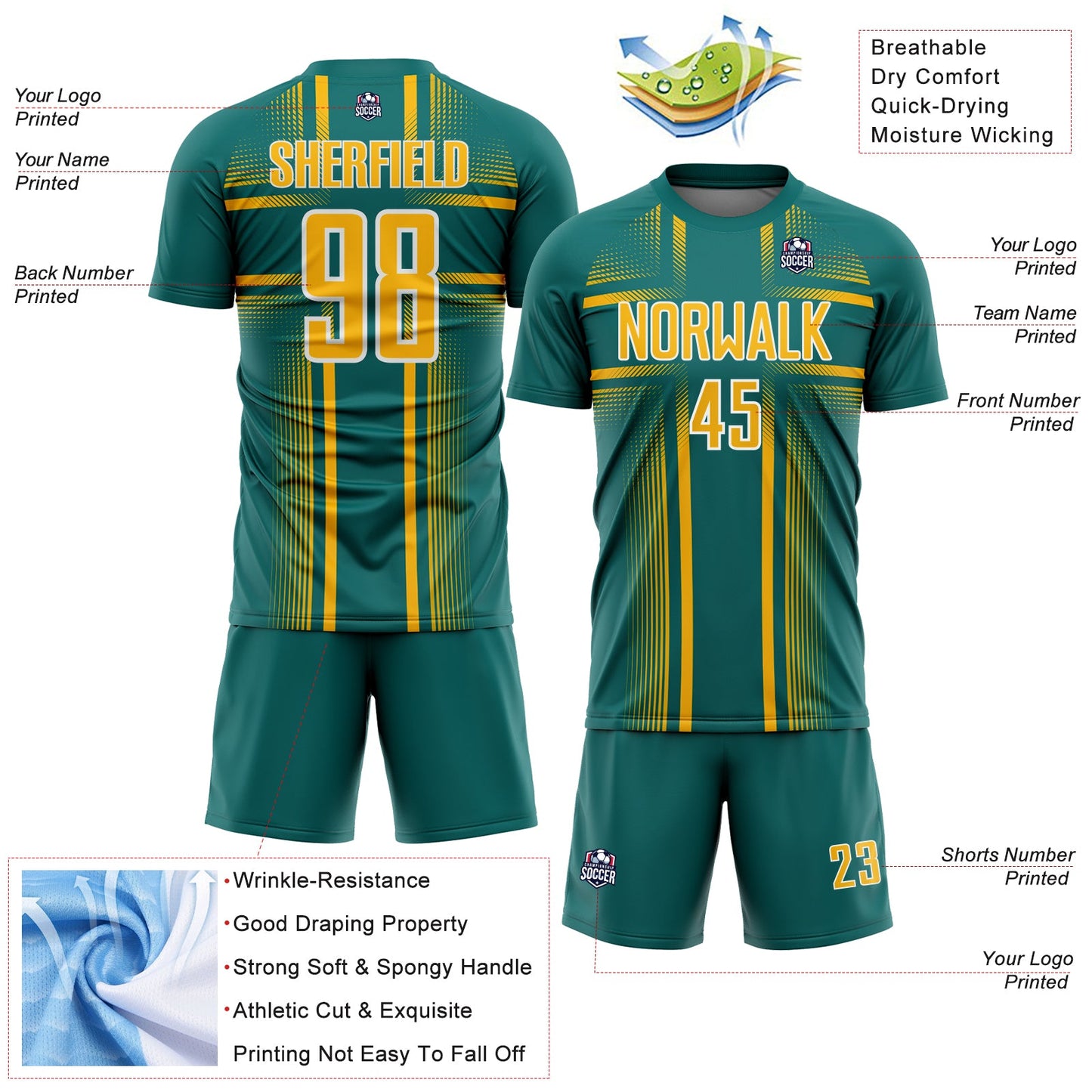 Custom Teal Gold-White Lines Sublimation Soccer Uniform Jersey view 4