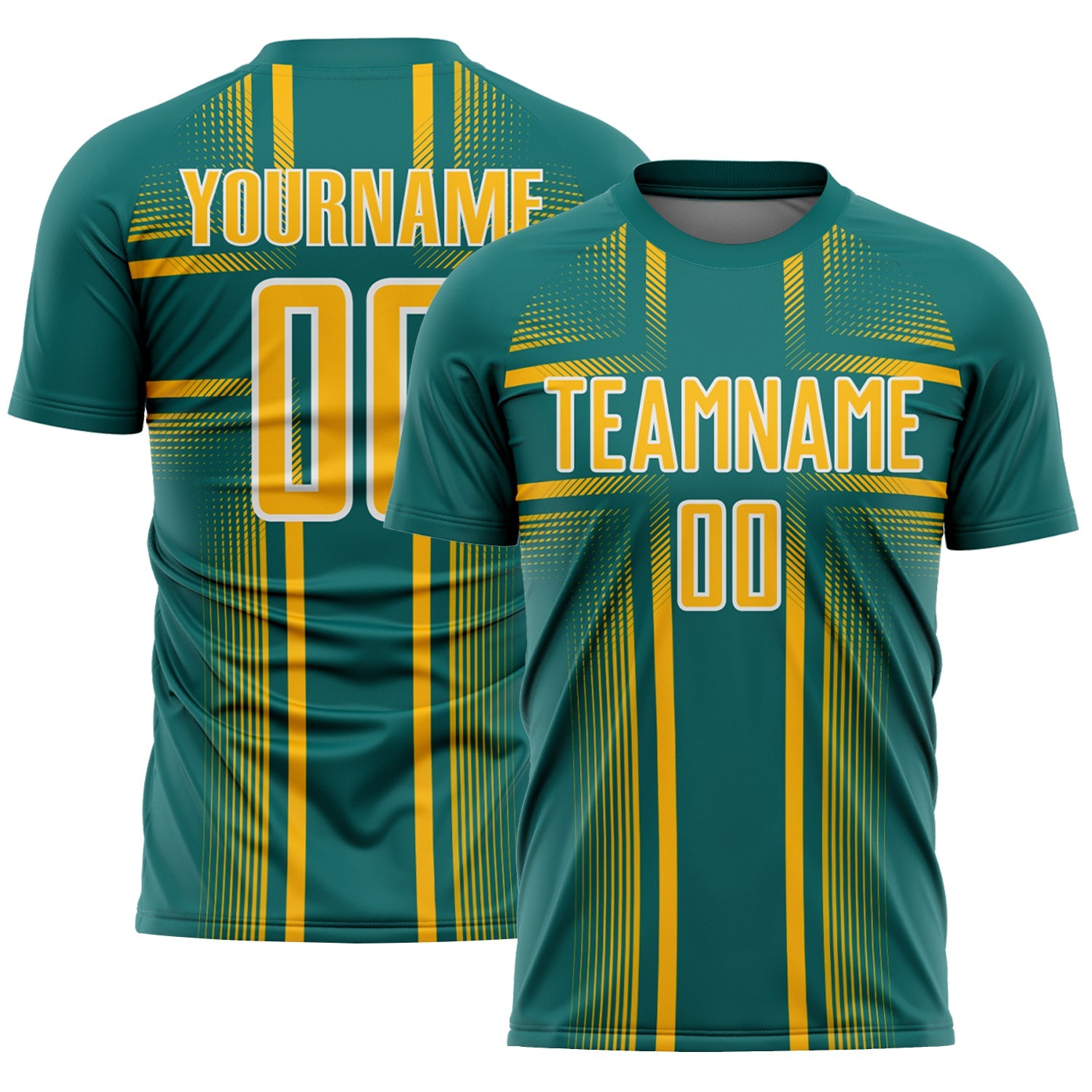 Custom Teal Gold-White Lines Sublimation Soccer Uniform Jersey - Main View