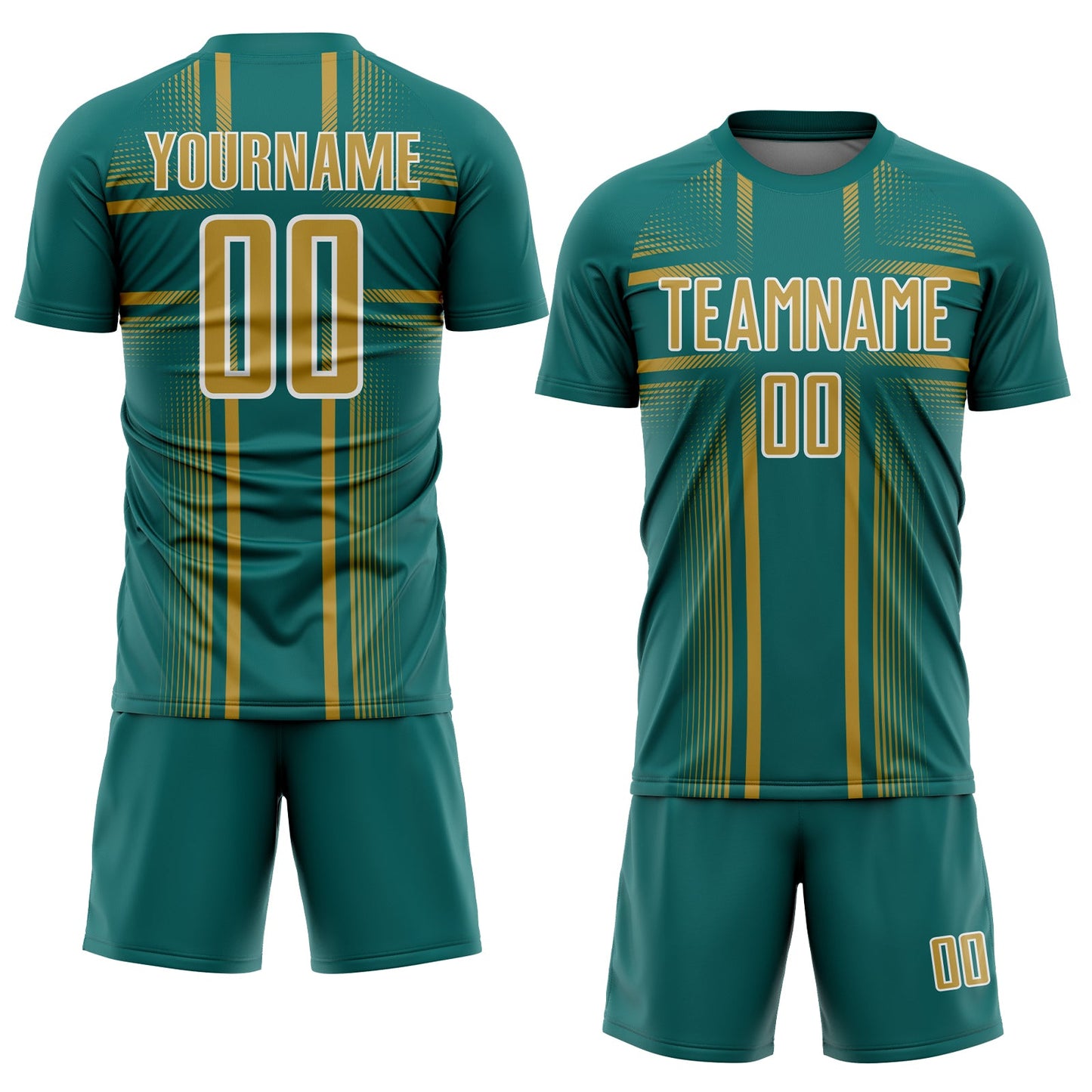 Custom Teal Old Gold-White Lines Sublimation Soccer Uniform Jersey view 2