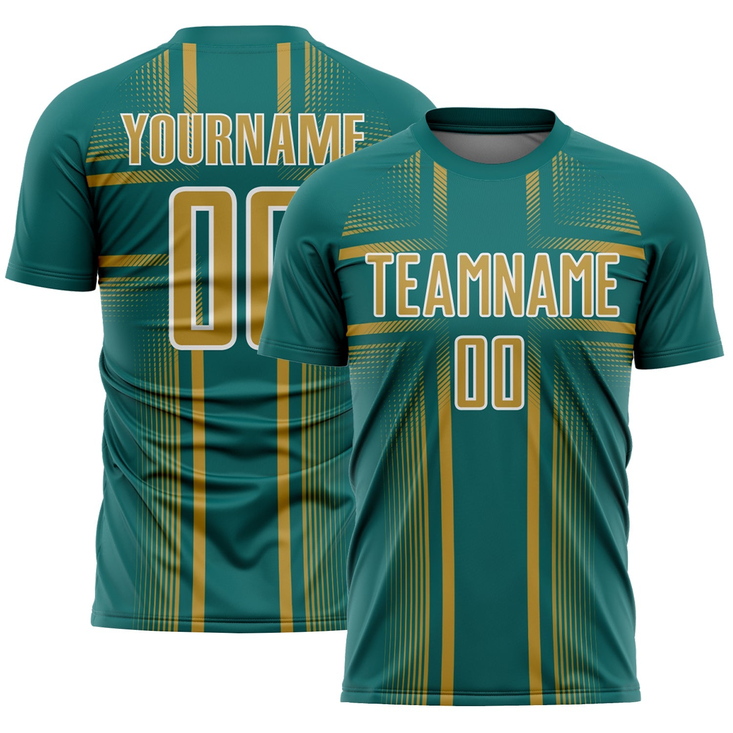 Custom Teal Old Gold-White Lines Sublimation Soccer Uniform Jersey - Main View