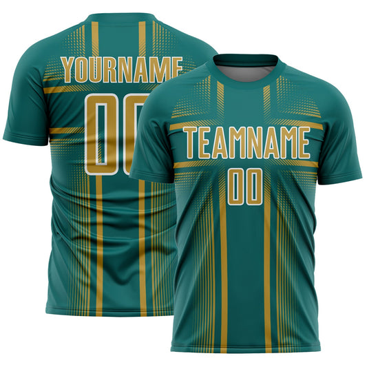 Custom Teal Old Gold-White Lines Sublimation Soccer Uniform Jersey - Main View