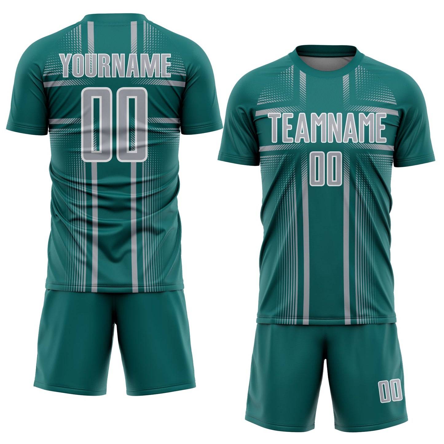 Custom Teal Gray-White Lines Sublimation Soccer Uniform Jersey view 2