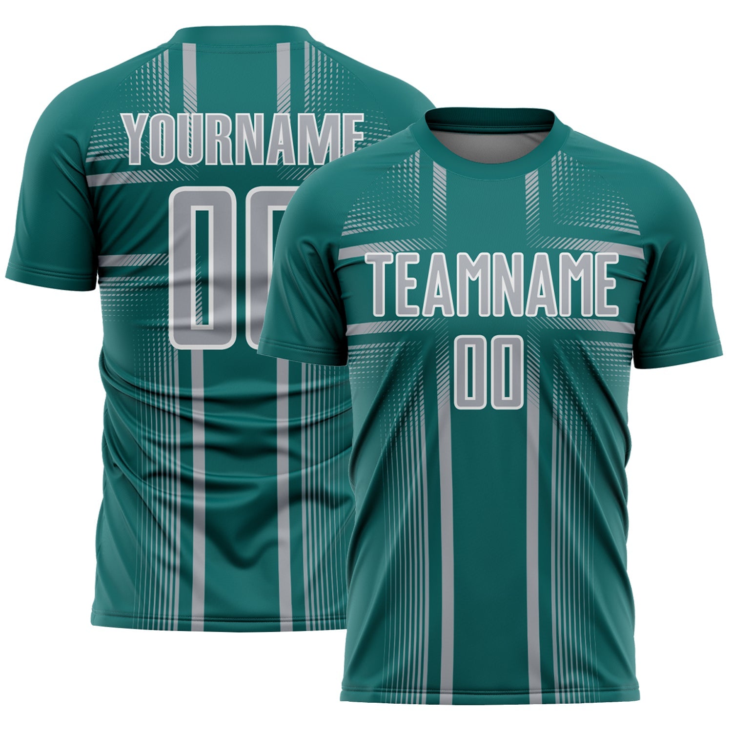 Custom Teal Gray-White Lines Sublimation Soccer Uniform Jersey - Main View