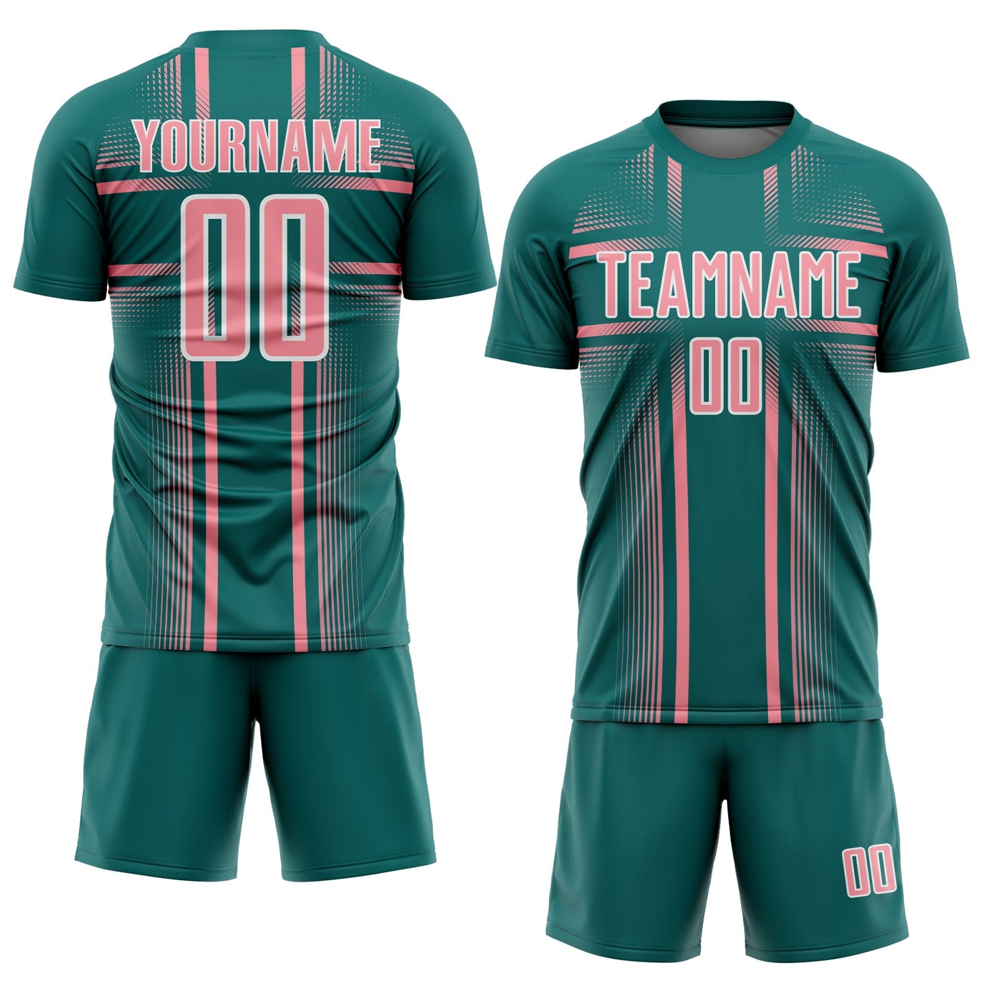 Custom Teal Medium Pink-White Lines Sublimation Soccer Uniform Jersey view 2