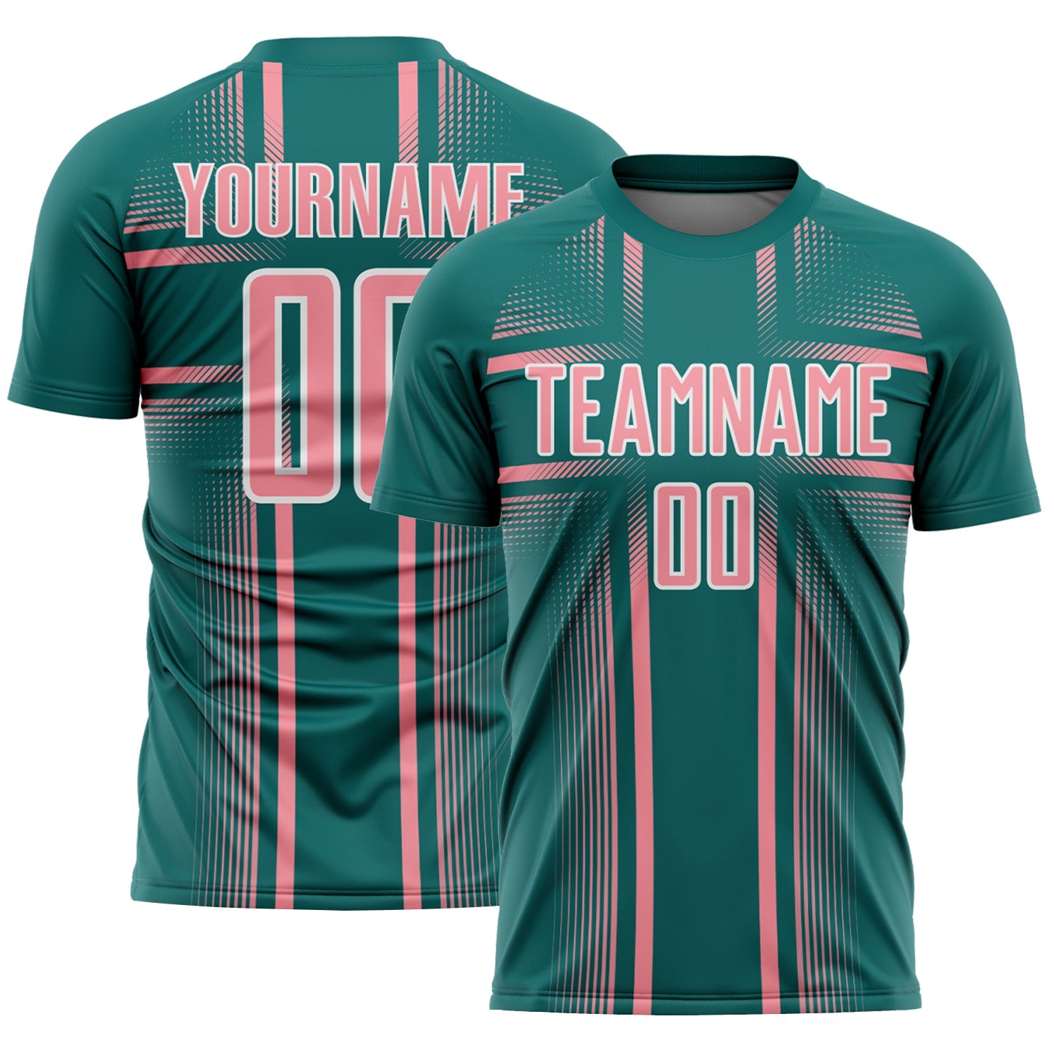Custom Teal Medium Pink-White Lines Sublimation Soccer Uniform Jersey - Main View