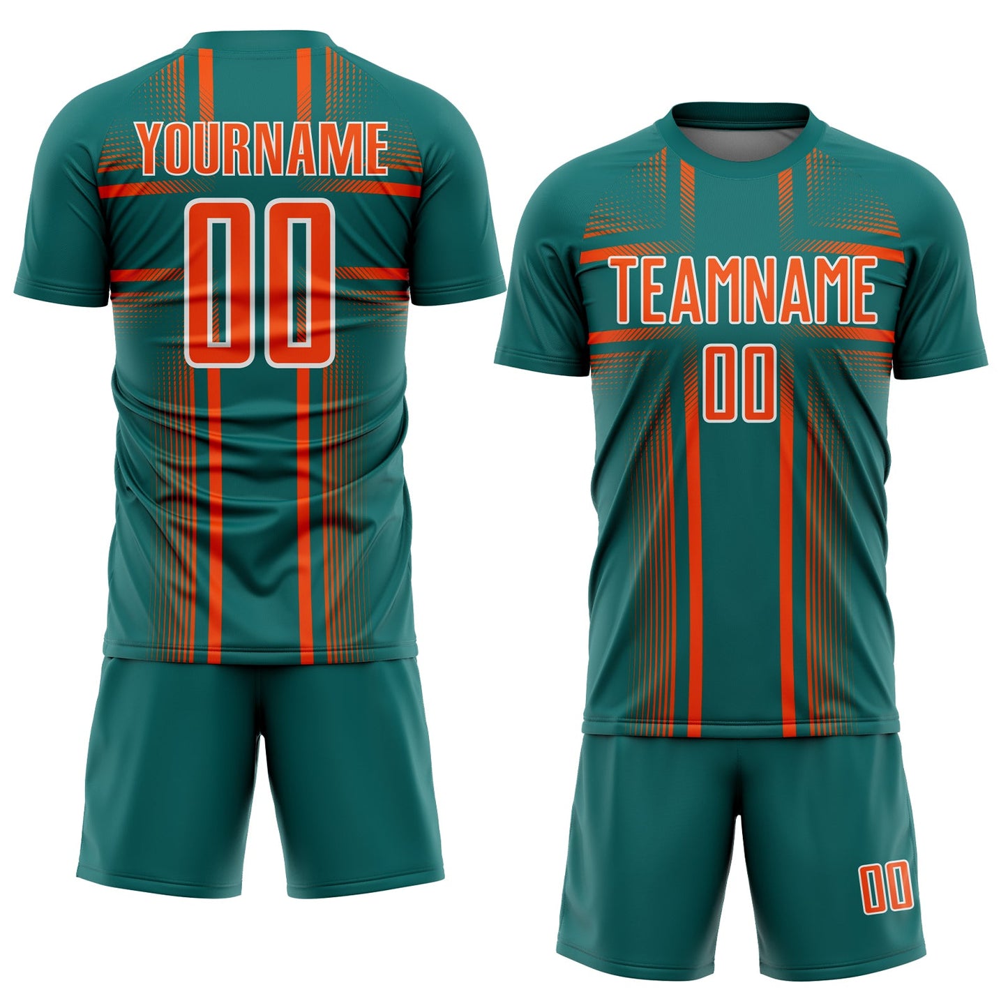 Custom Teal Orange-White Lines Sublimation Soccer Uniform Jersey view 2
