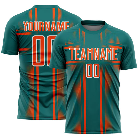 Custom Teal Orange-White Lines Sublimation Soccer Uniform Jersey - Main View