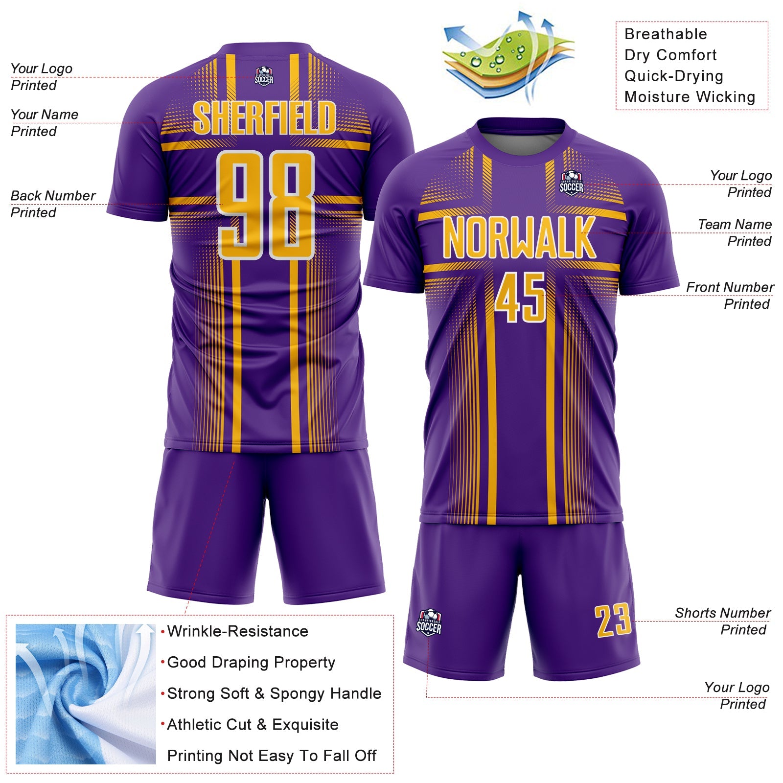 Custom Purple Gold-White Lines Sublimation Soccer Uniform Jersey view 4