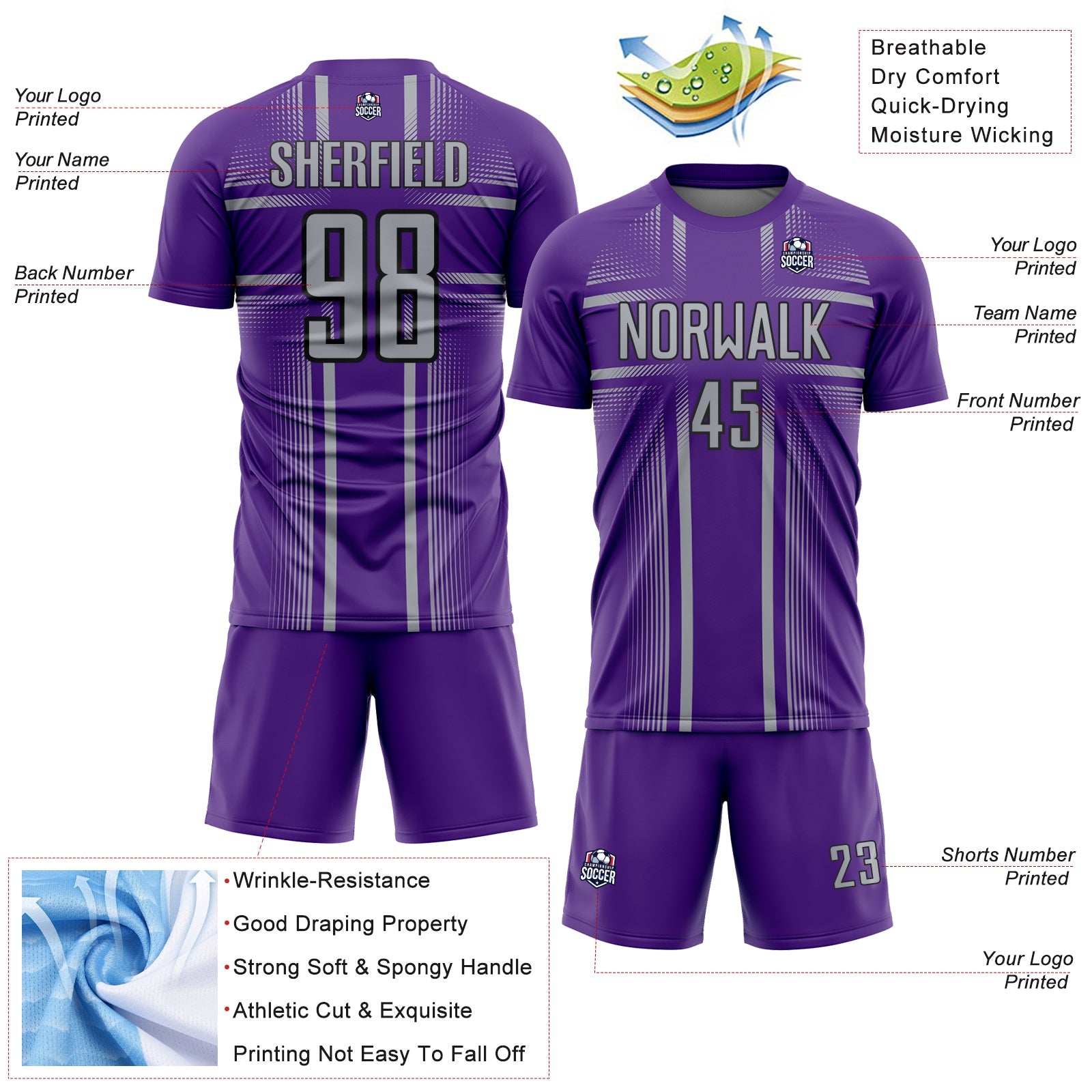 Custom Purple Gray-Black Lines Sublimation Soccer Uniform Jersey view 4
