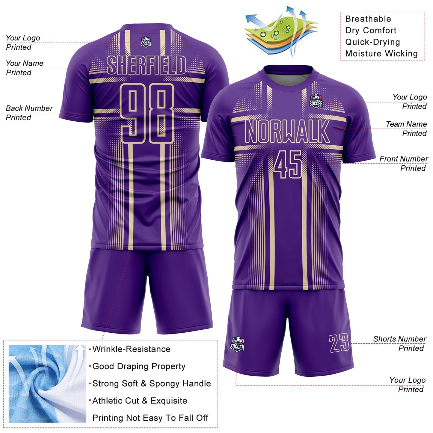 Custom Purple Cream Lines Sublimation Soccer Uniform Jersey view 4