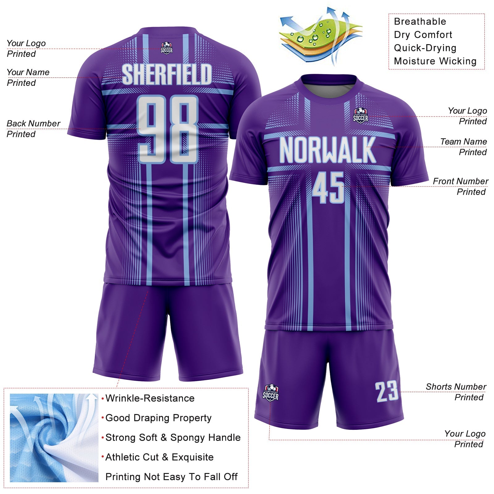 Custom Purple White-Light Blue Lines Sublimation Soccer Uniform Jersey view 4