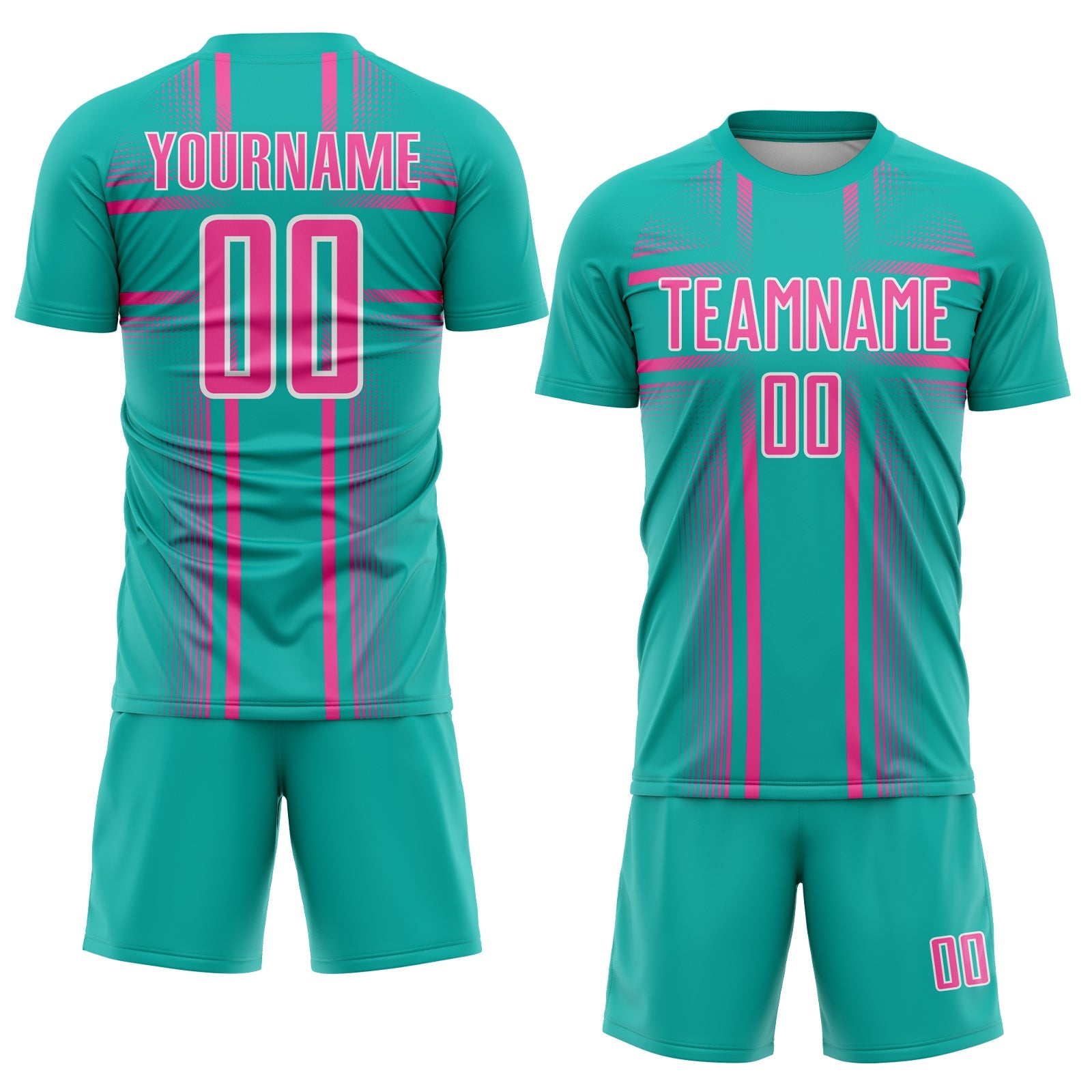 Custom Aqua Pink-White Lines Sublimation Soccer Uniform Jersey view 2