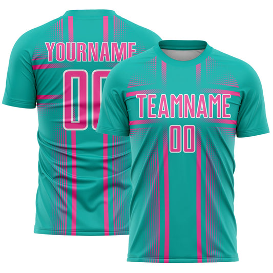 Custom Aqua Pink-White Lines Sublimation Soccer Uniform Jersey - Main View