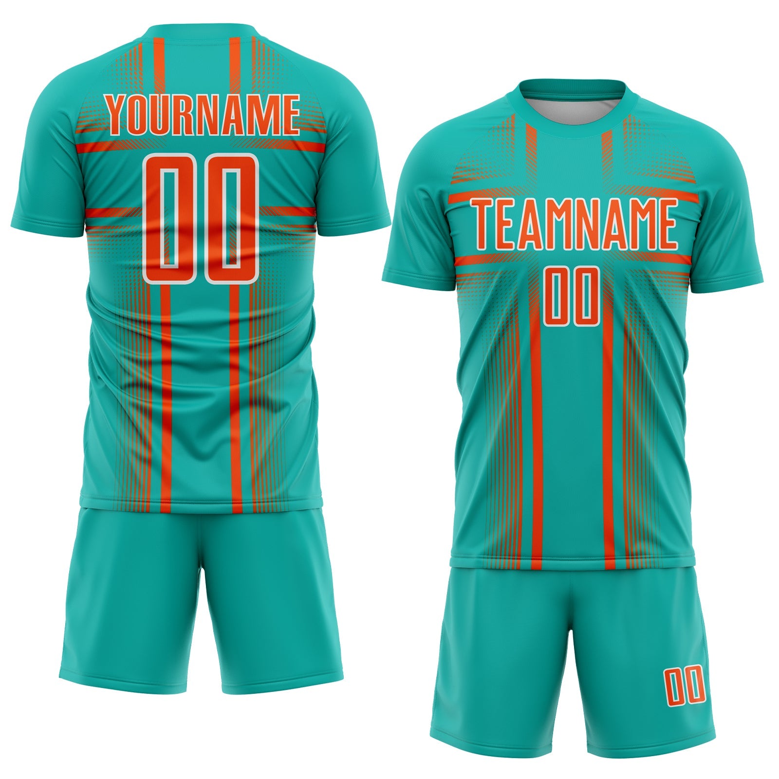 Custom Aqua Orange-White Lines Sublimation Soccer Uniform Jersey view 2