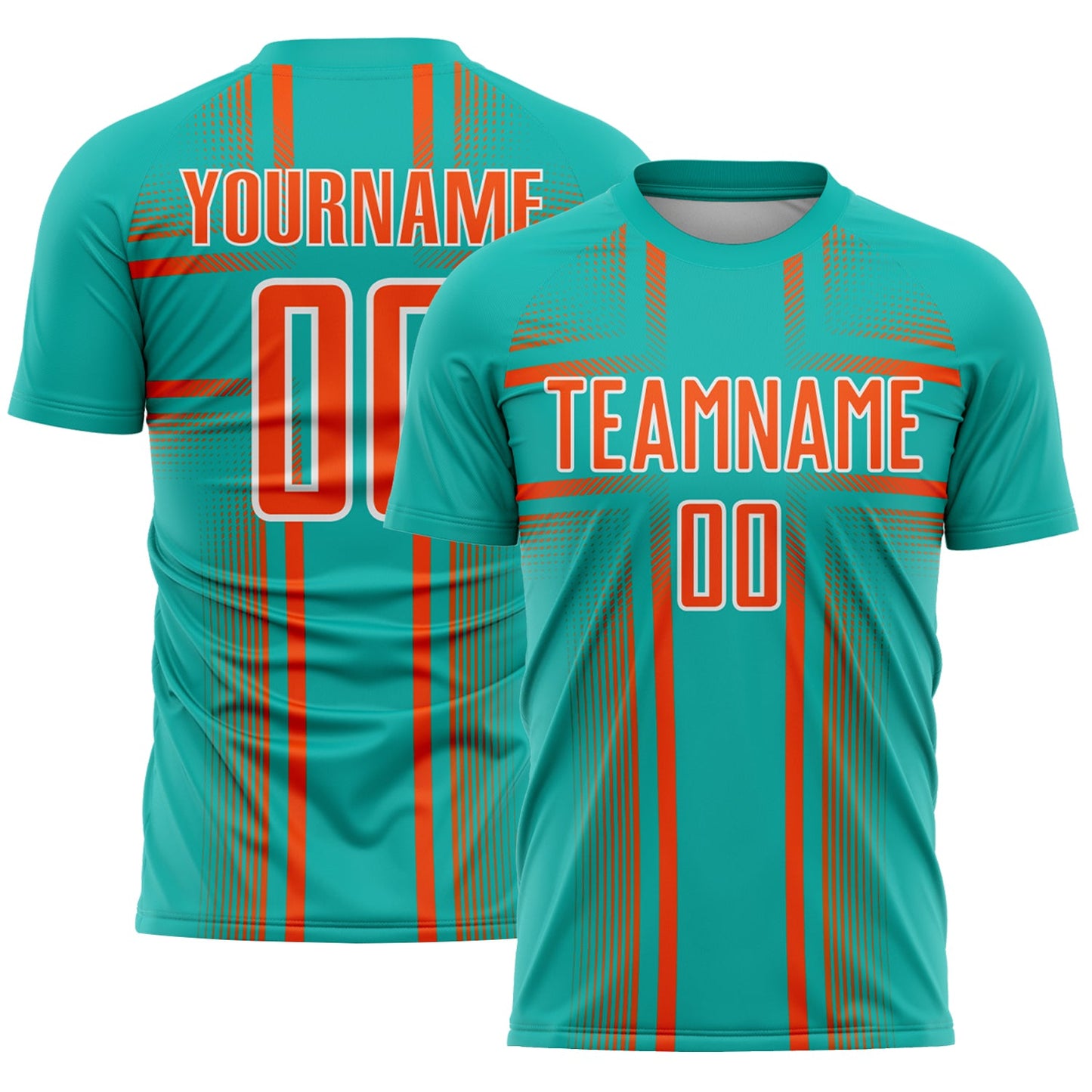 Custom Aqua Orange-White Lines Sublimation Soccer Uniform Jersey - Main View