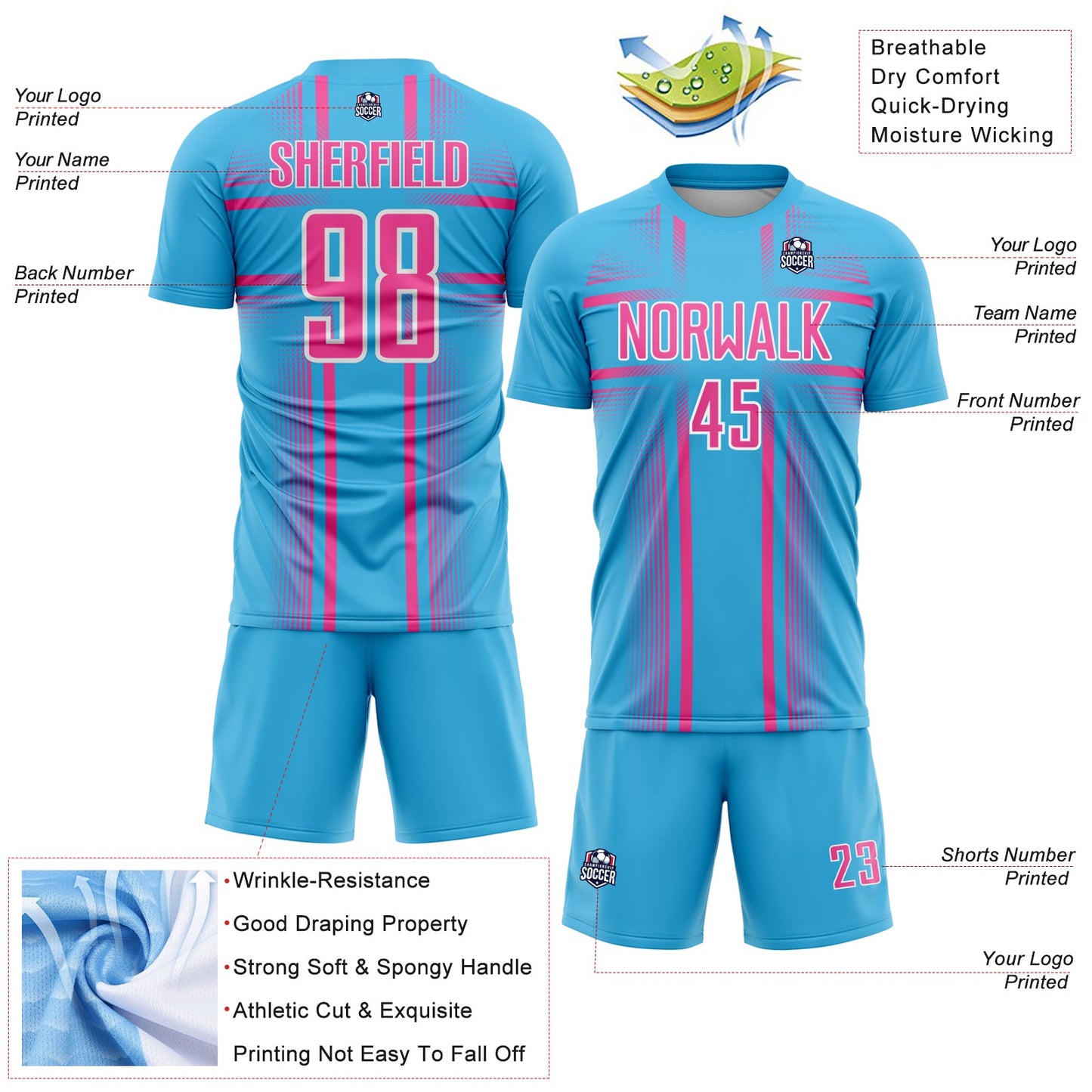 Custom Sky Blue Pink-White Lines Sublimation Soccer Uniform Jersey view 4