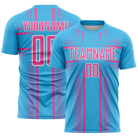 Custom Sky Blue Pink-White Lines Sublimation Soccer Uniform Jersey - Main View