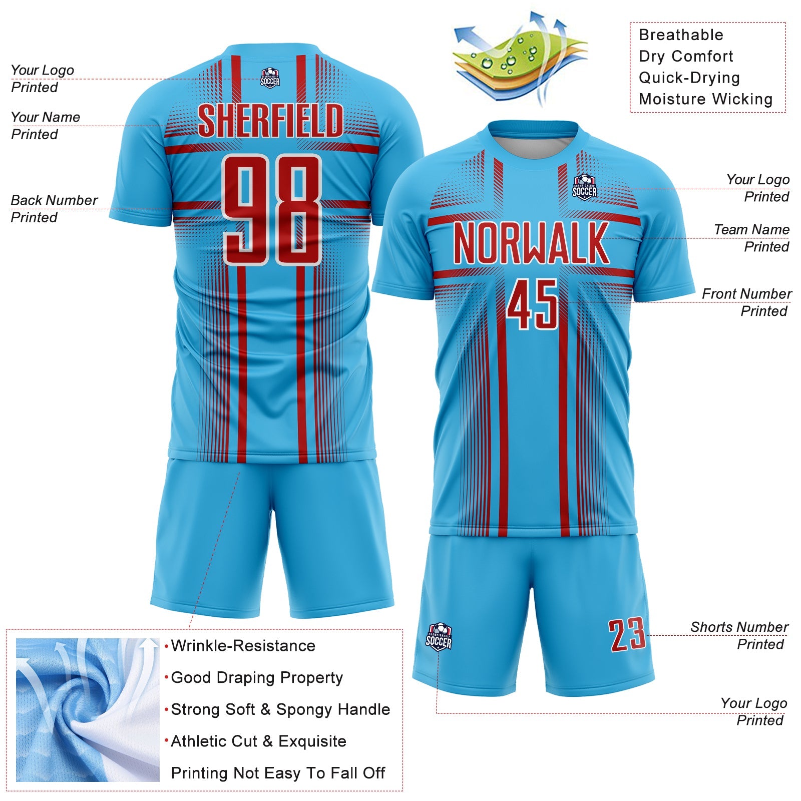 Custom Sky Blue Red-White Lines Sublimation Soccer Uniform Jersey view 4