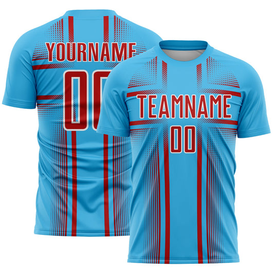Custom Sky Blue Red-White Lines Sublimation Soccer Uniform Jersey - Main View