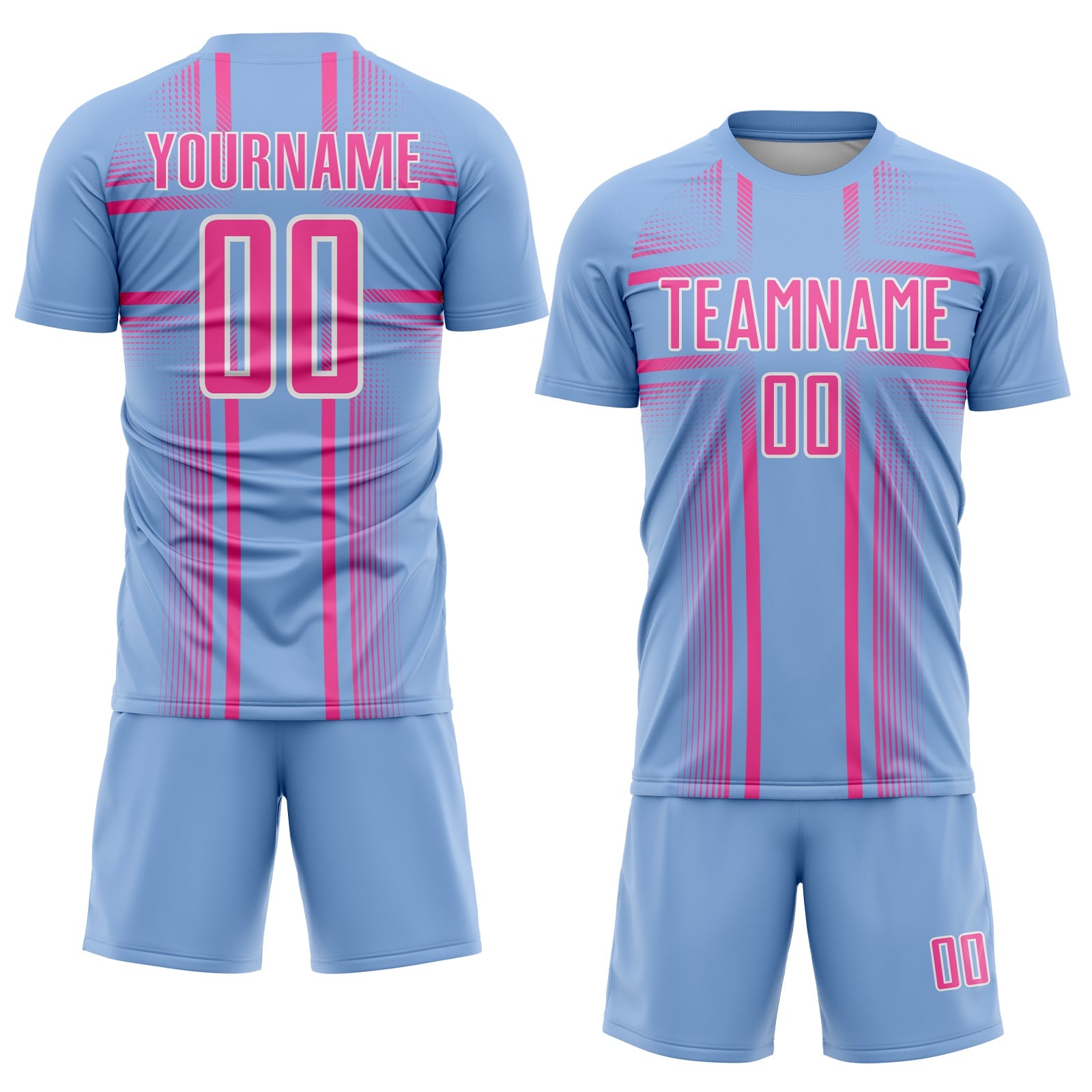 Custom Light Blue Pink-White Lines Sublimation Soccer Uniform Jersey view 2