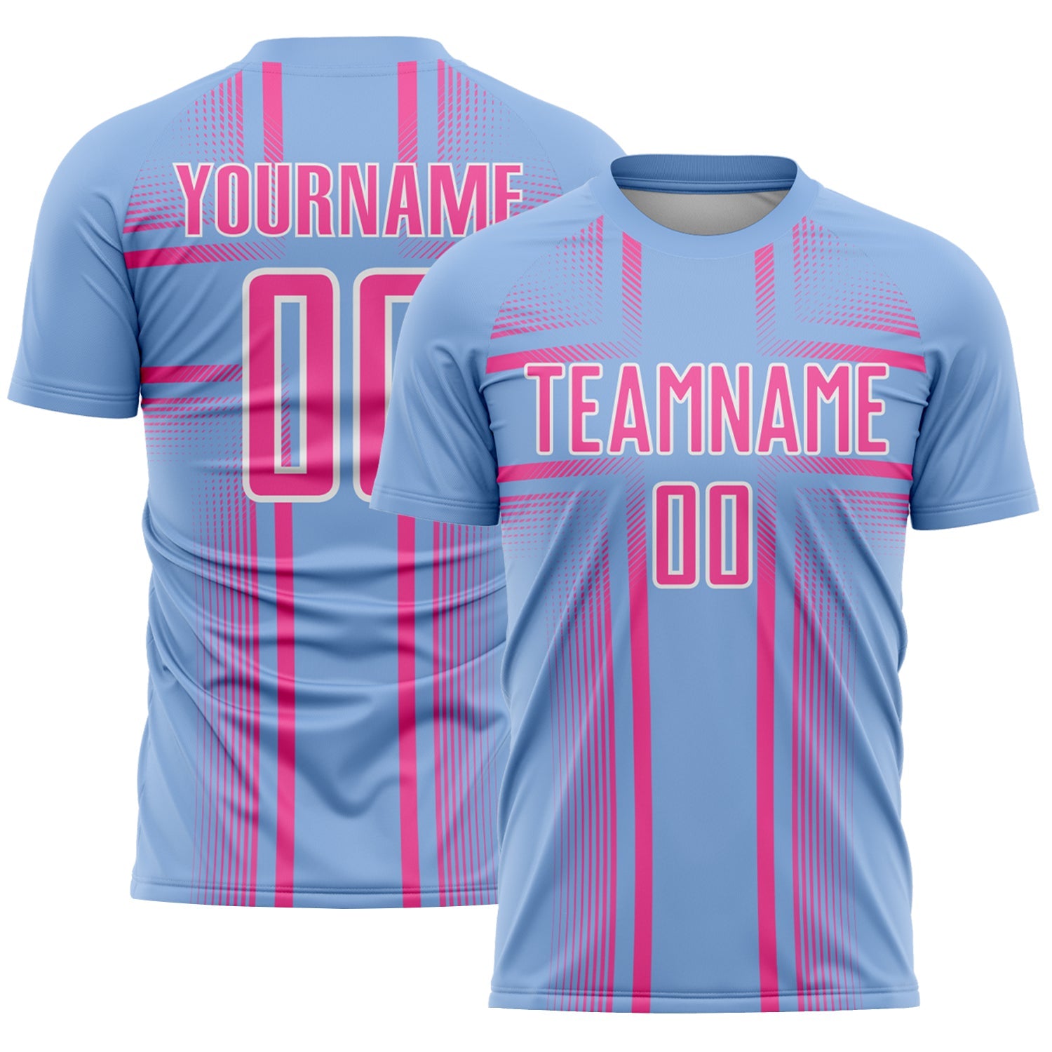 Custom Light Blue Pink-White Lines Sublimation Soccer Uniform Jersey - Main View