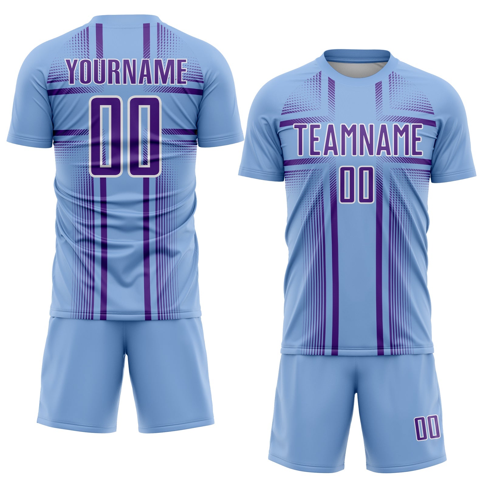 Custom Light Blue Purple-White Lines Sublimation Soccer Uniform Jersey view 2