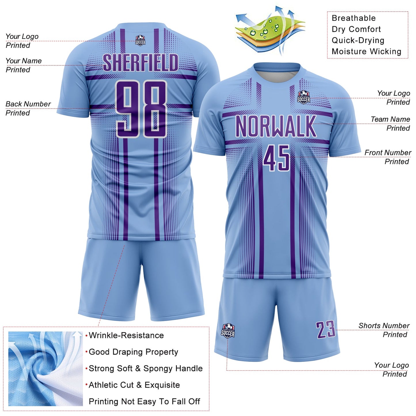 Custom Light Blue Purple-White Lines Sublimation Soccer Uniform Jersey view 4