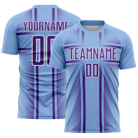 Custom Light Blue Purple-White Lines Sublimation Soccer Uniform Jersey - Main View