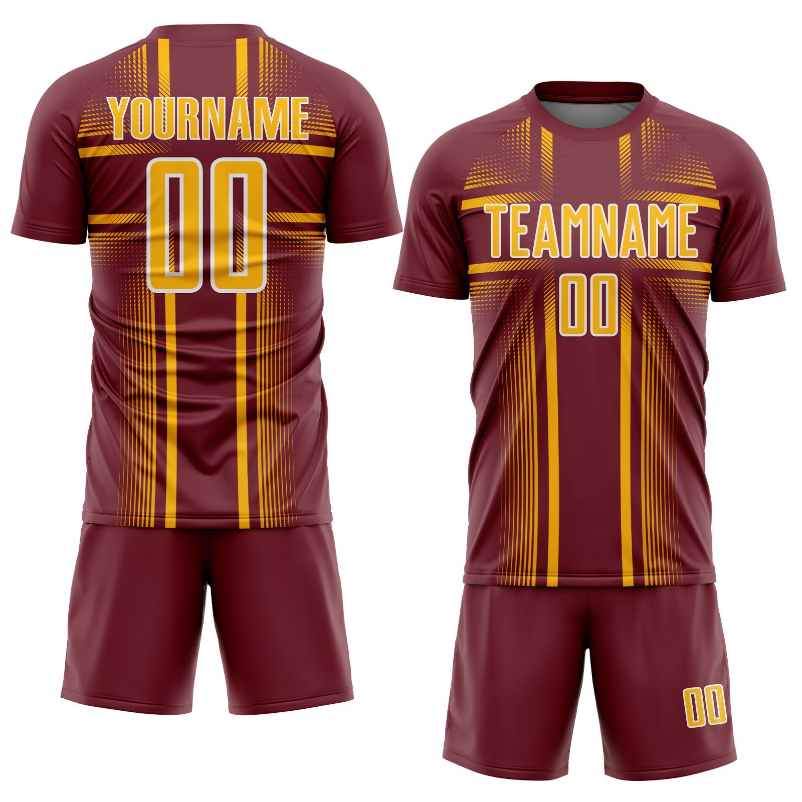 Custom Burgundy Gold-White Lines Sublimation Soccer Uniform Jersey view 2