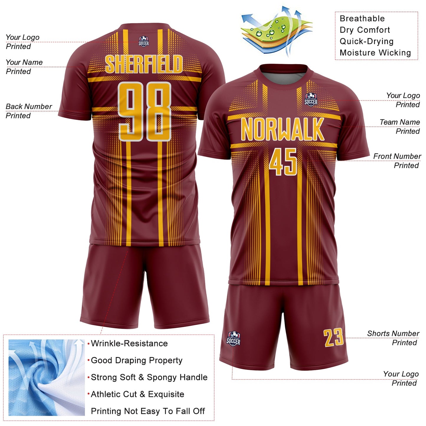 Custom Burgundy Gold-White Lines Sublimation Soccer Uniform Jersey view 4