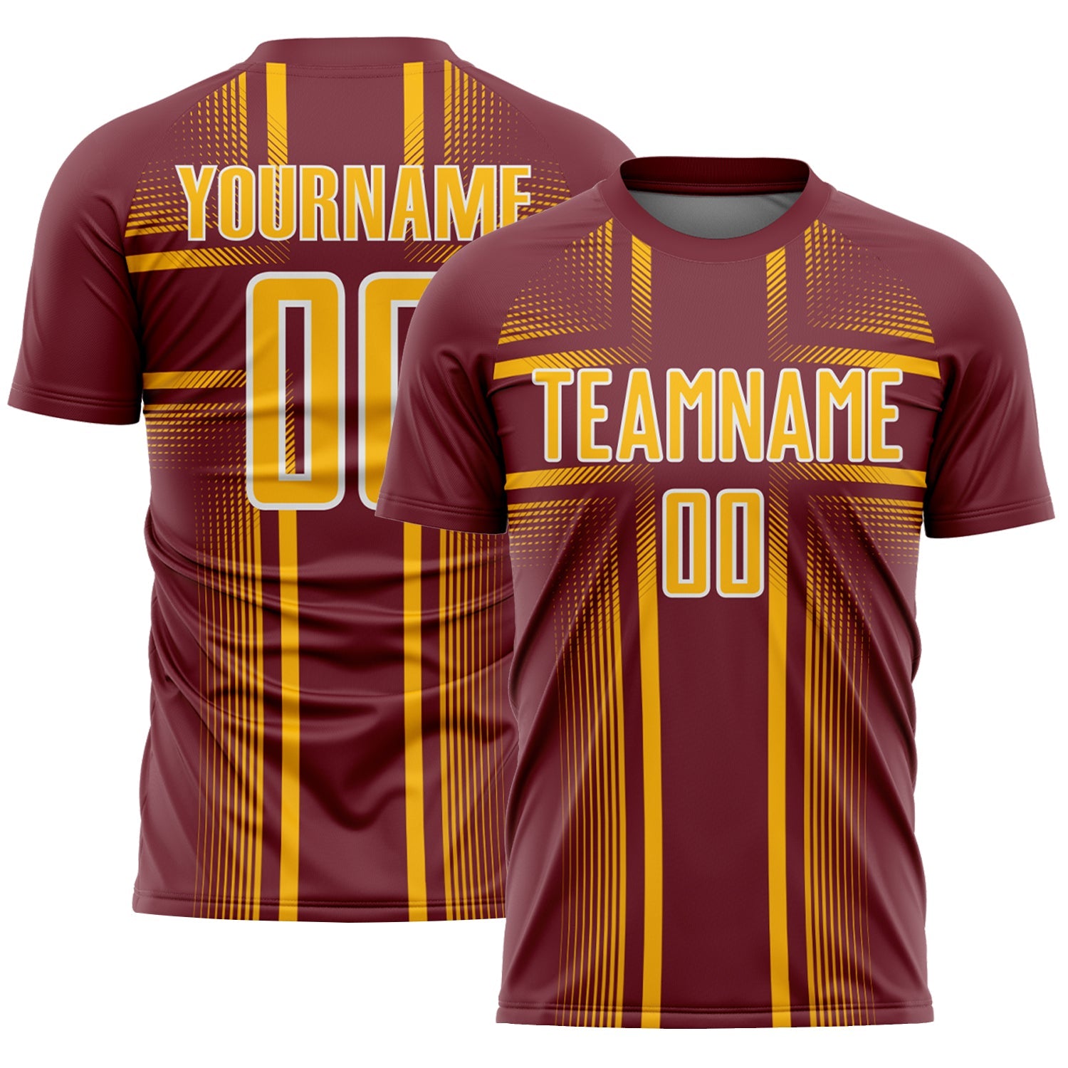 Custom Burgundy Gold-White Lines Sublimation Soccer Uniform Jersey - Main View