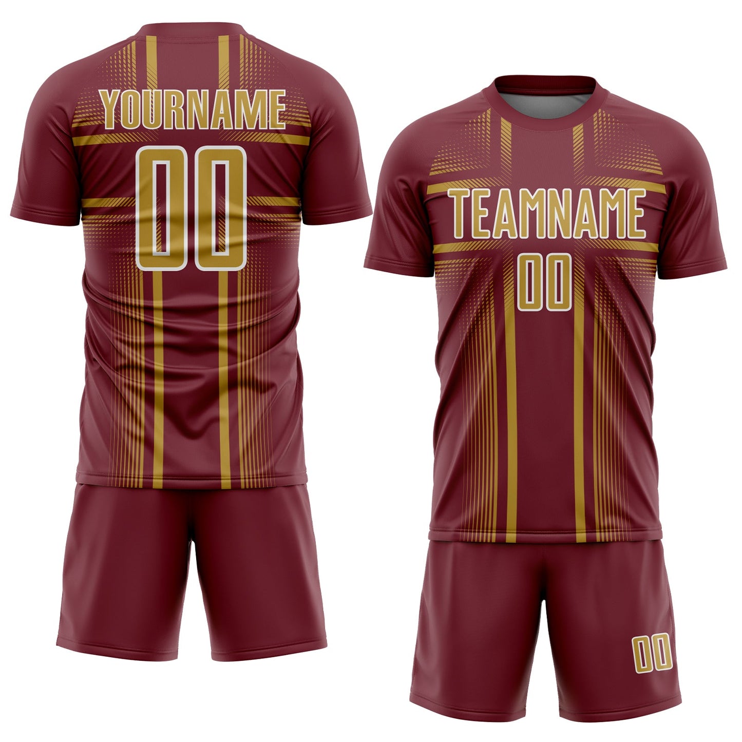 Custom Burgundy Old Gold-White Lines Sublimation Soccer Uniform Jersey view 2