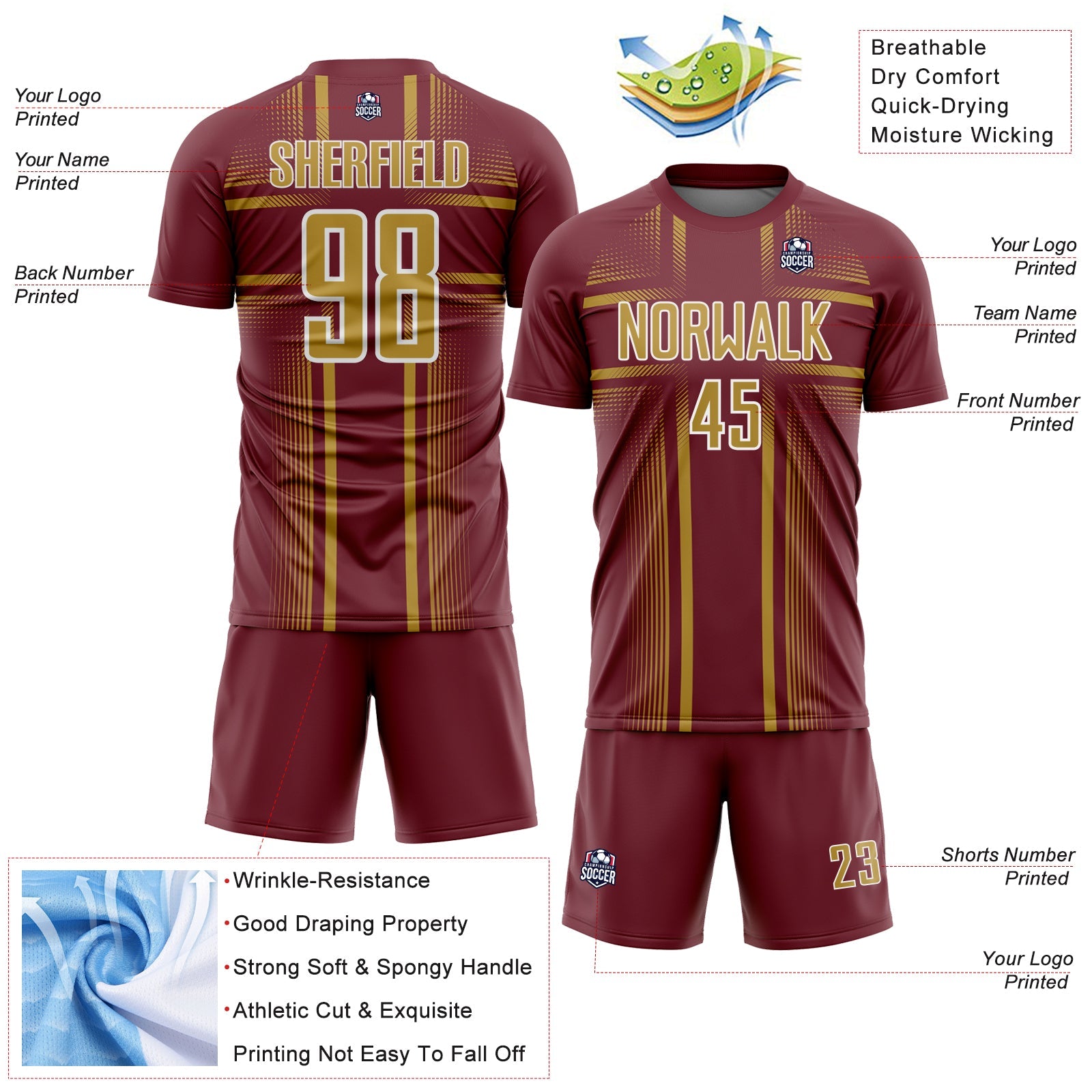 Custom Burgundy Old Gold-White Lines Sublimation Soccer Uniform Jersey view 4