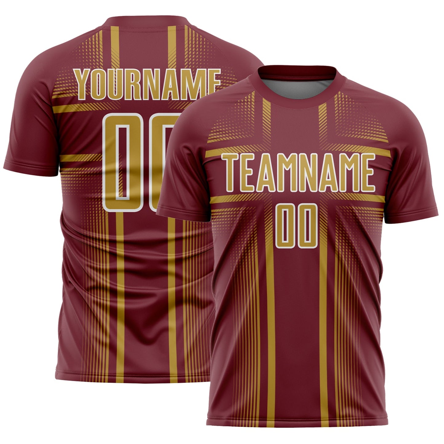 Custom Burgundy Old Gold-White Lines Sublimation Soccer Uniform Jersey - Main View