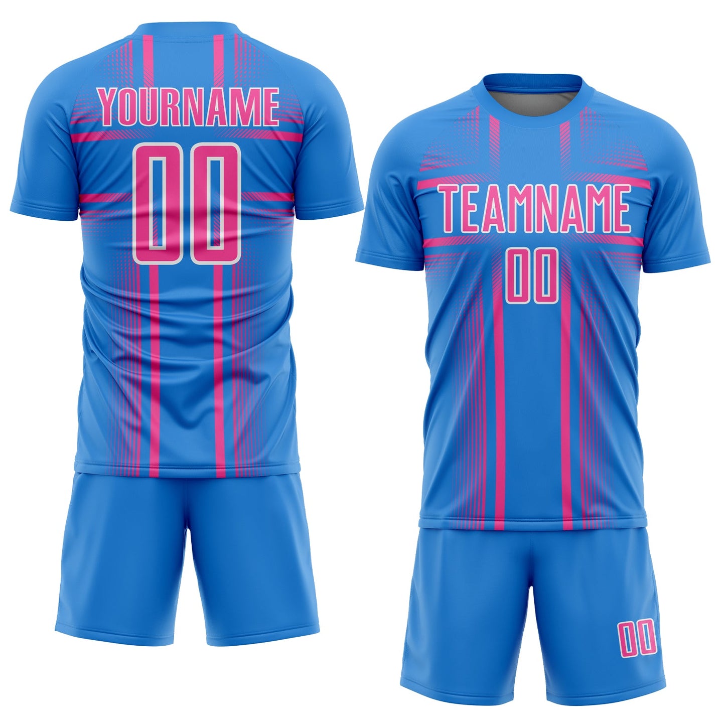 Custom Powder Blue Pink-White Lines Sublimation Soccer Uniform Jersey view 2