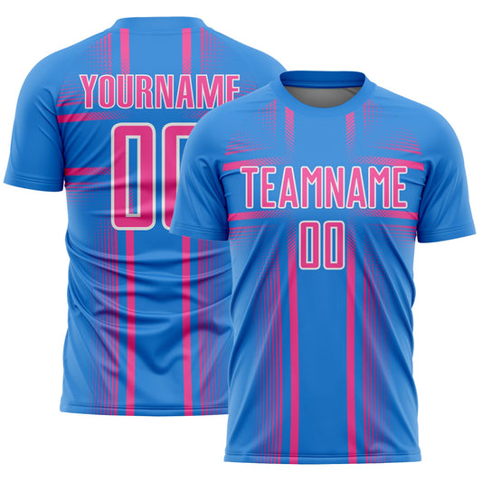 Custom Powder Blue Pink-White Lines Sublimation Soccer Uniform Jersey - Main View