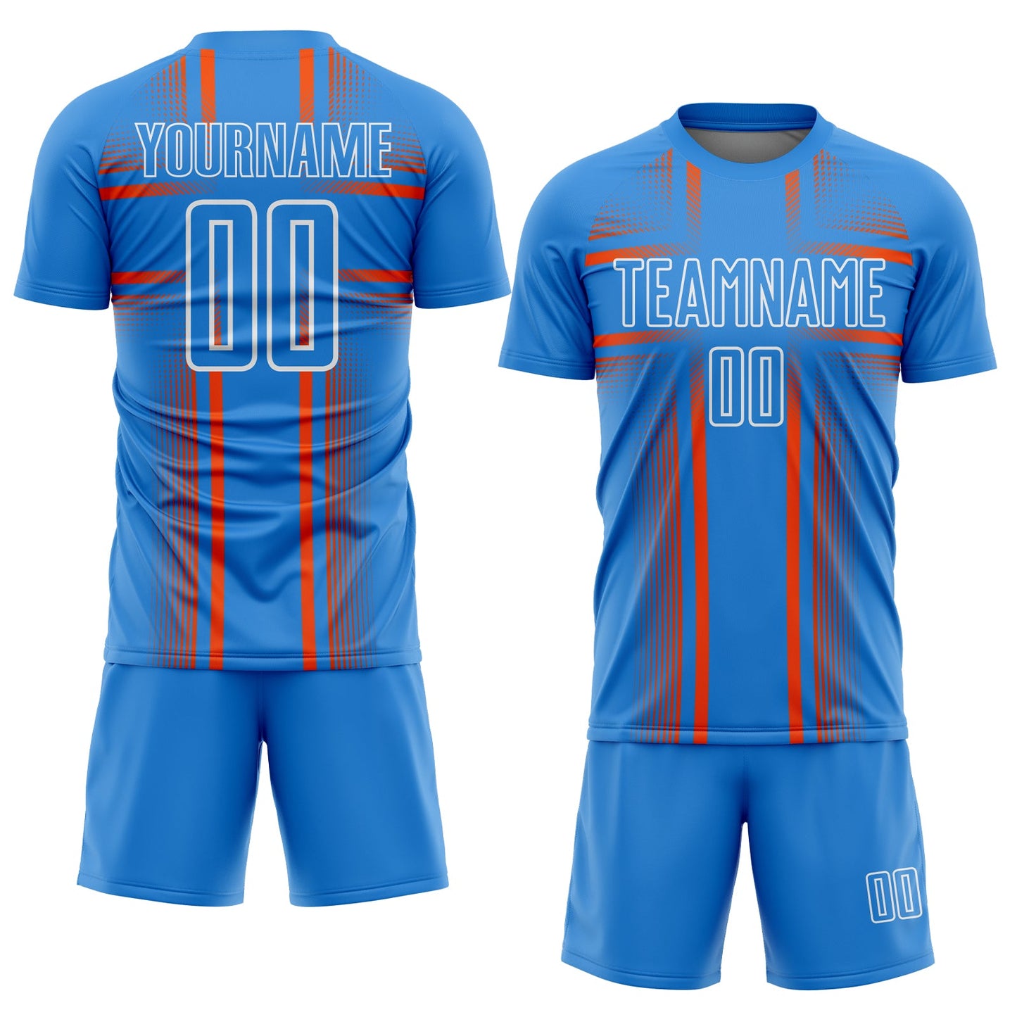 Custom Powder Blue Orange-White Lines Sublimation Soccer Uniform Jersey view 2