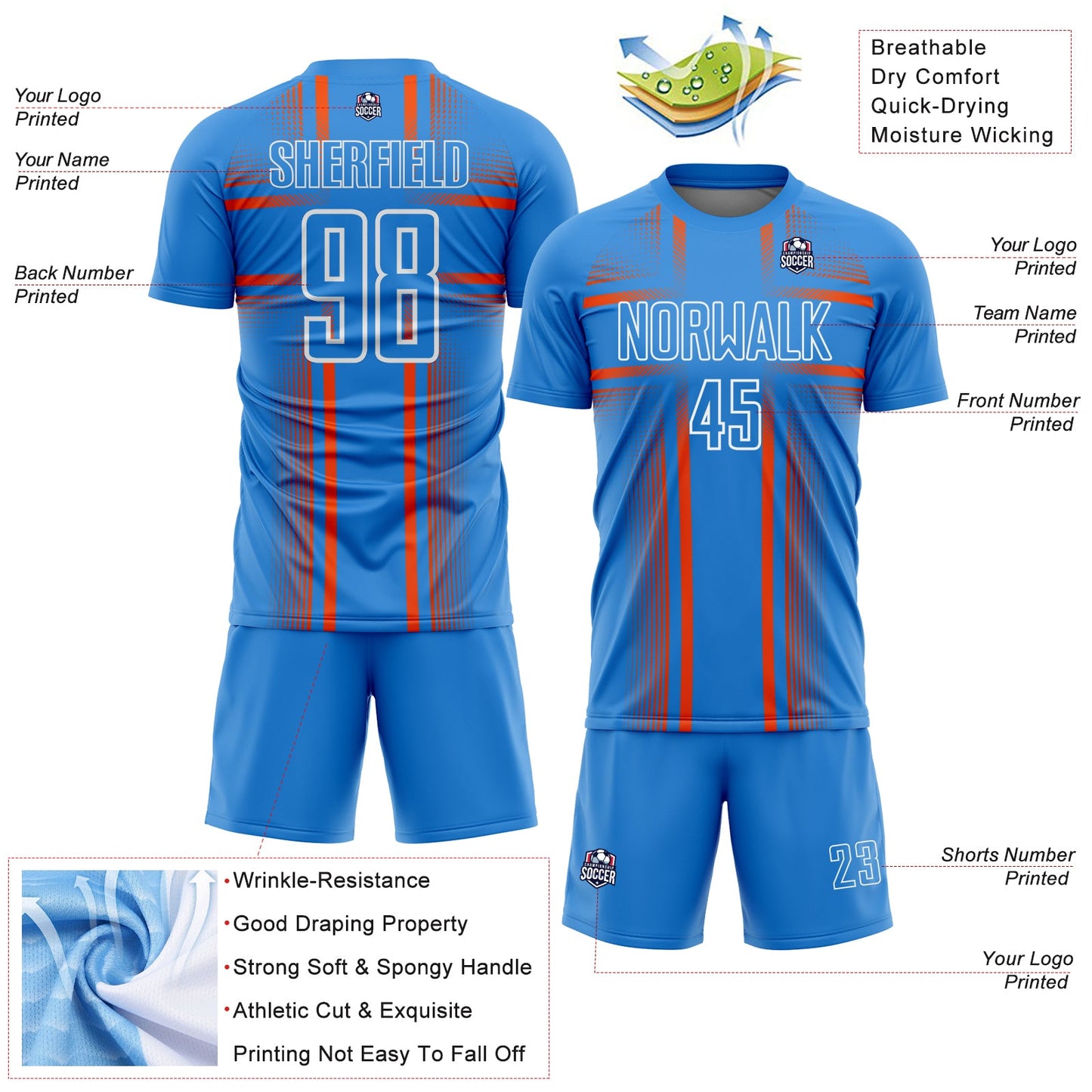Custom Powder Blue Orange-White Lines Sublimation Soccer Uniform Jersey view 4
