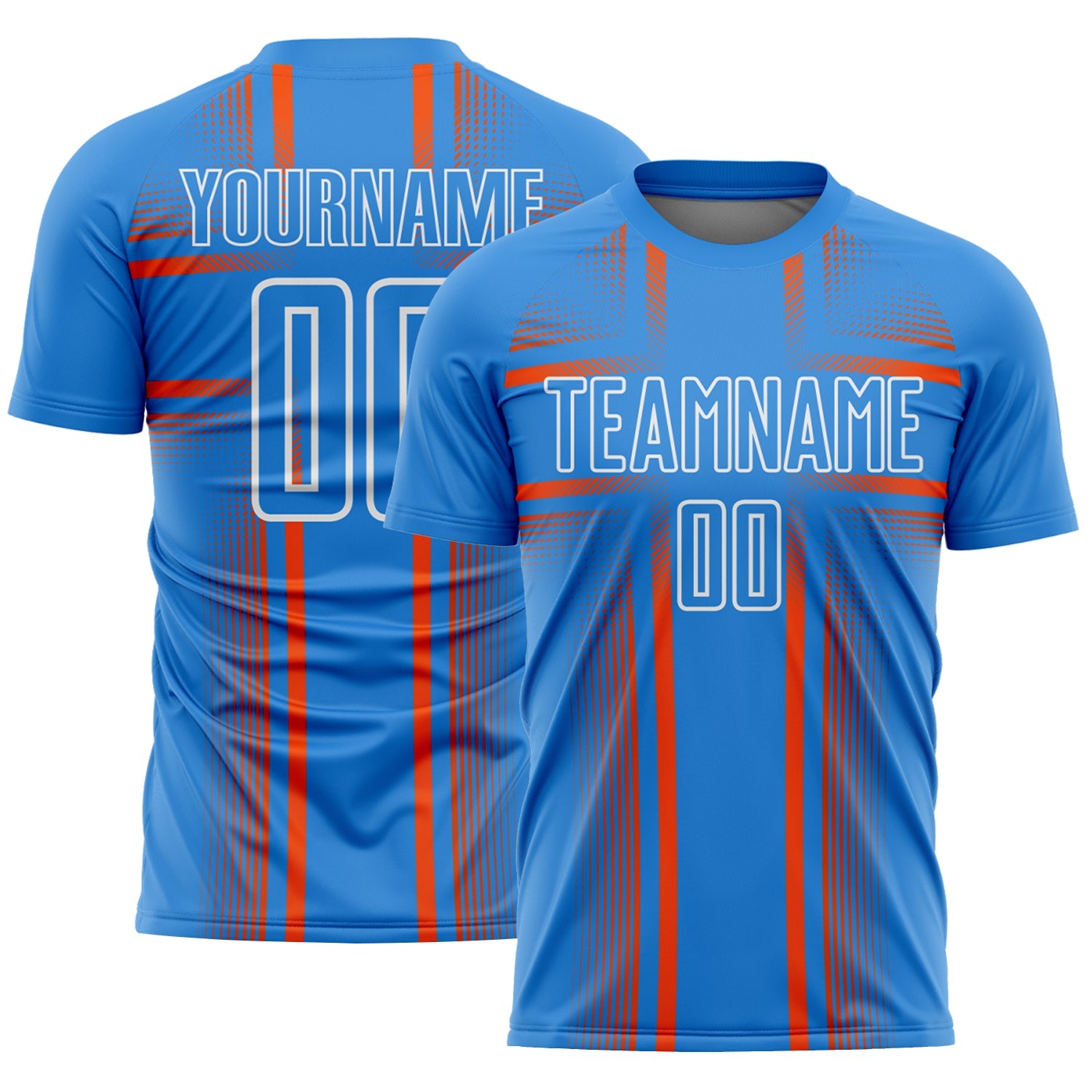 Custom Powder Blue Orange-White Lines Sublimation Soccer Uniform Jersey - Main View