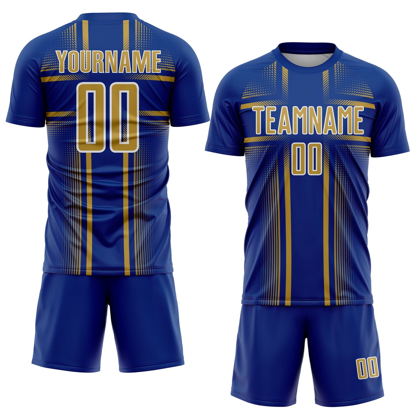 Custom Royal Old Gold-White Lines Sublimation Soccer Uniform Jersey view 2
