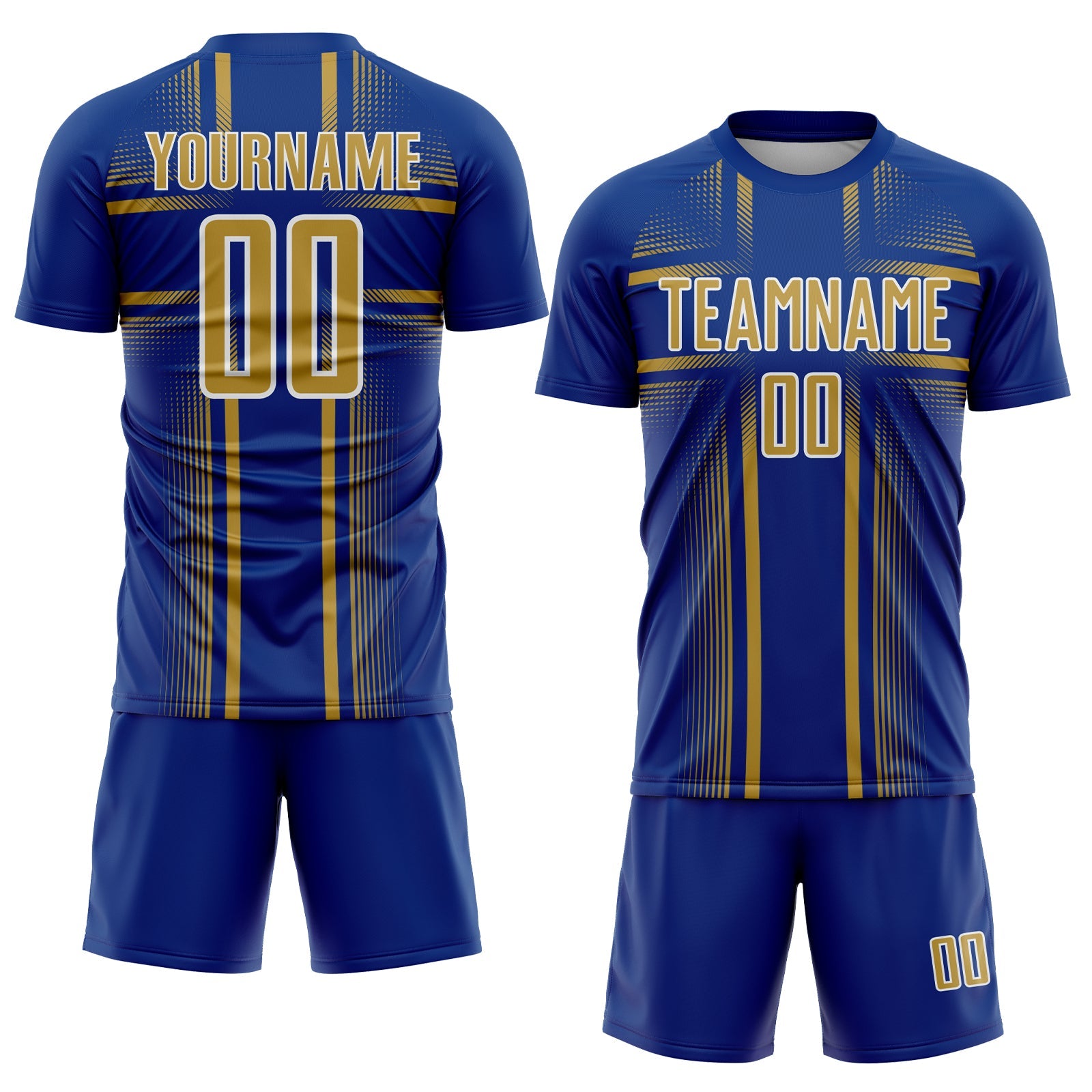 Custom Royal Old Gold-White Lines Sublimation Soccer Uniform Jersey view 2