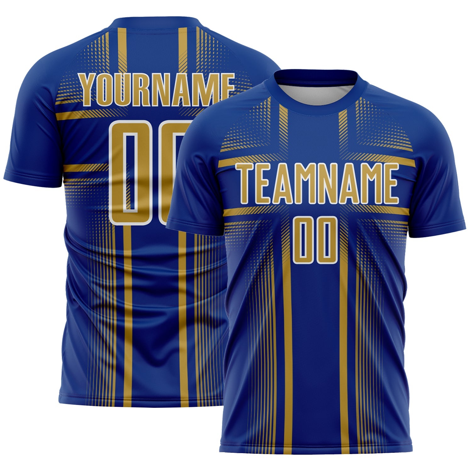 Custom Royal Old Gold-White Lines Sublimation Soccer Uniform Jersey - Main View