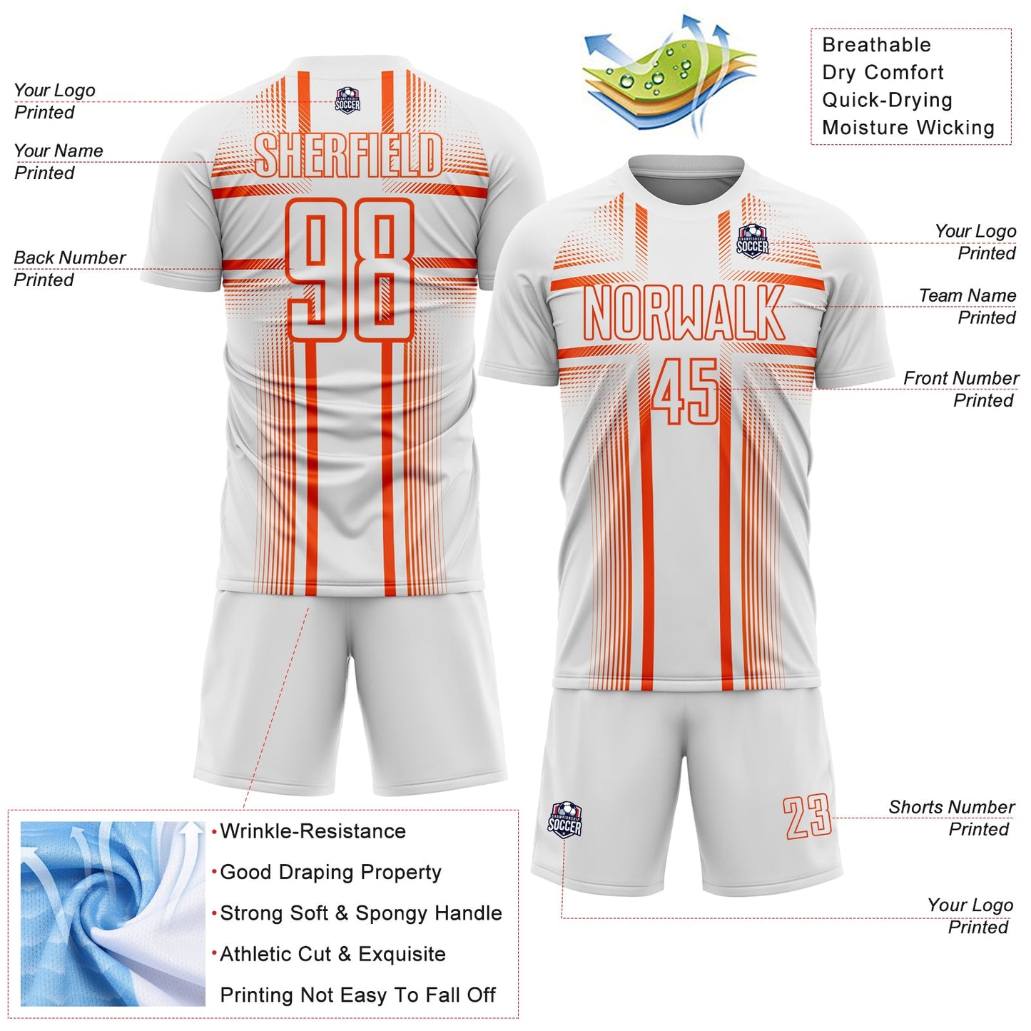 Custom White Orange Lines Sublimation Soccer Uniform Jersey view 4