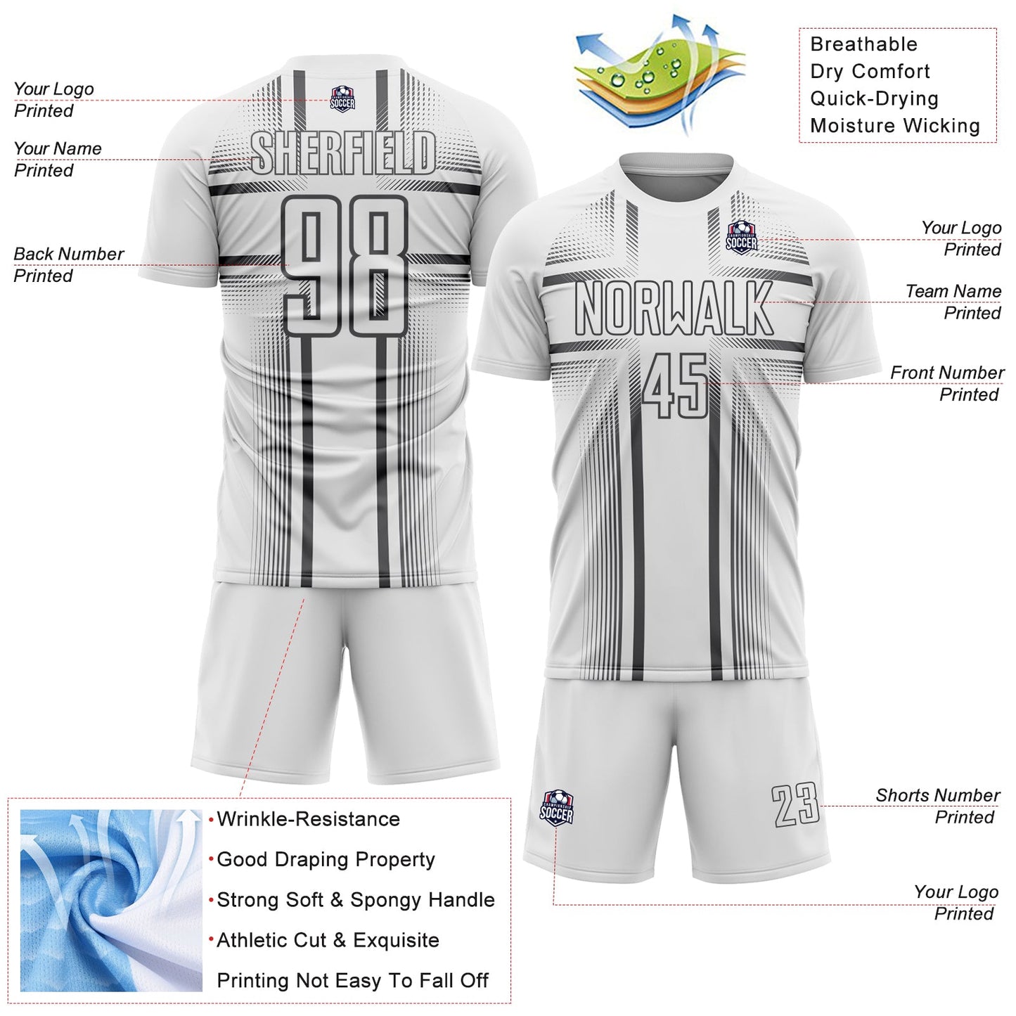 Custom White Steel Gray Lines Sublimation Soccer Uniform Jersey view 4