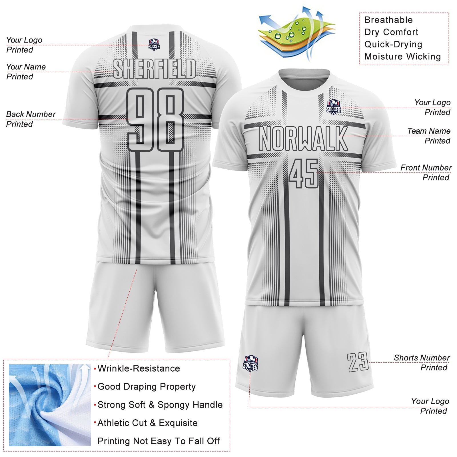 Custom White Steel Gray Lines Sublimation Soccer Uniform Jersey view 4