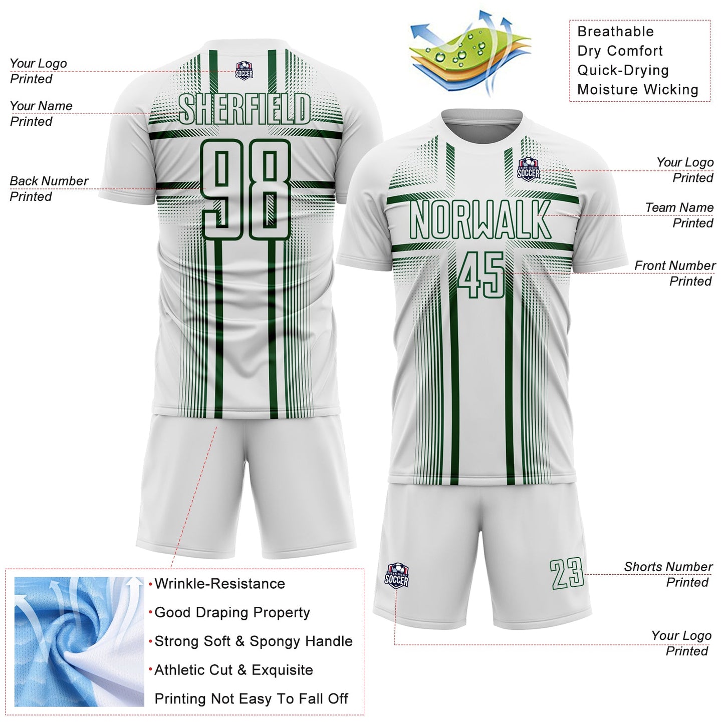 Custom White Green Lines Sublimation Soccer Uniform Jersey view 4