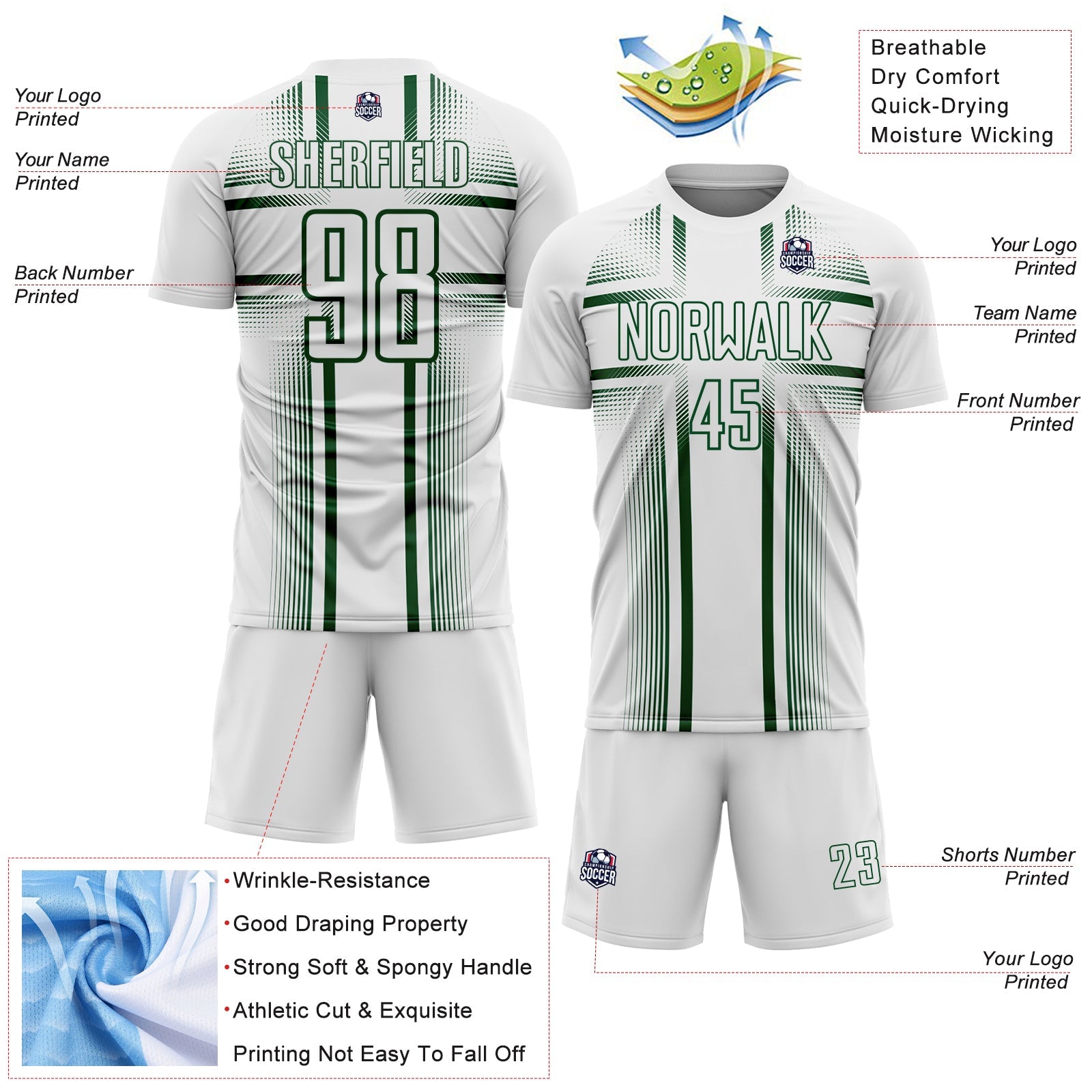 Custom White Green Lines Sublimation Soccer Uniform Jersey view 4