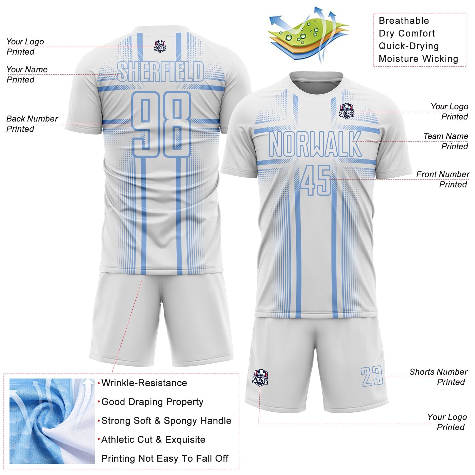 Custom White Light Blue Lines Sublimation Soccer Uniform Jersey view 4